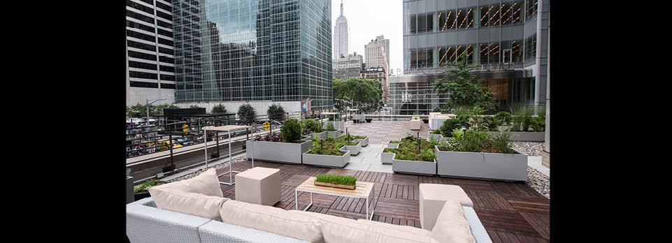 Rooftop access with large seating area.